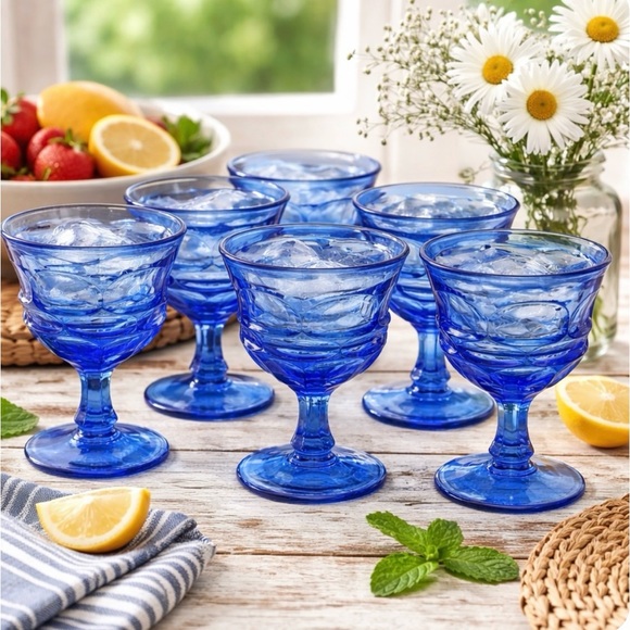 Set Of 6 Fostoria Argus Water Goblet COBALT BLUE Glass HFM Excellent